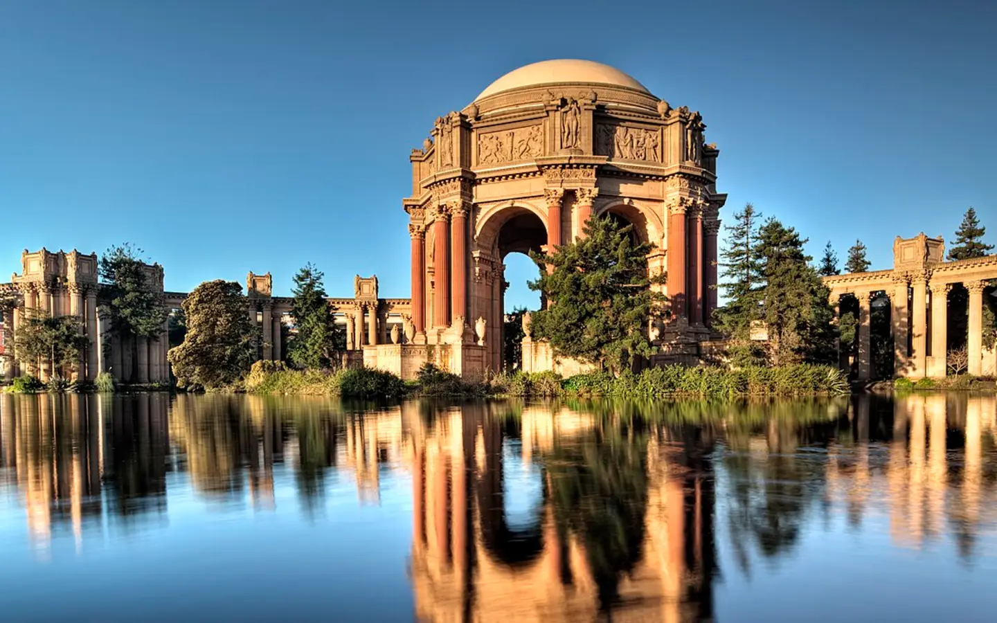 The Palace of Fine Arts in San Francisco, California at sunrise.