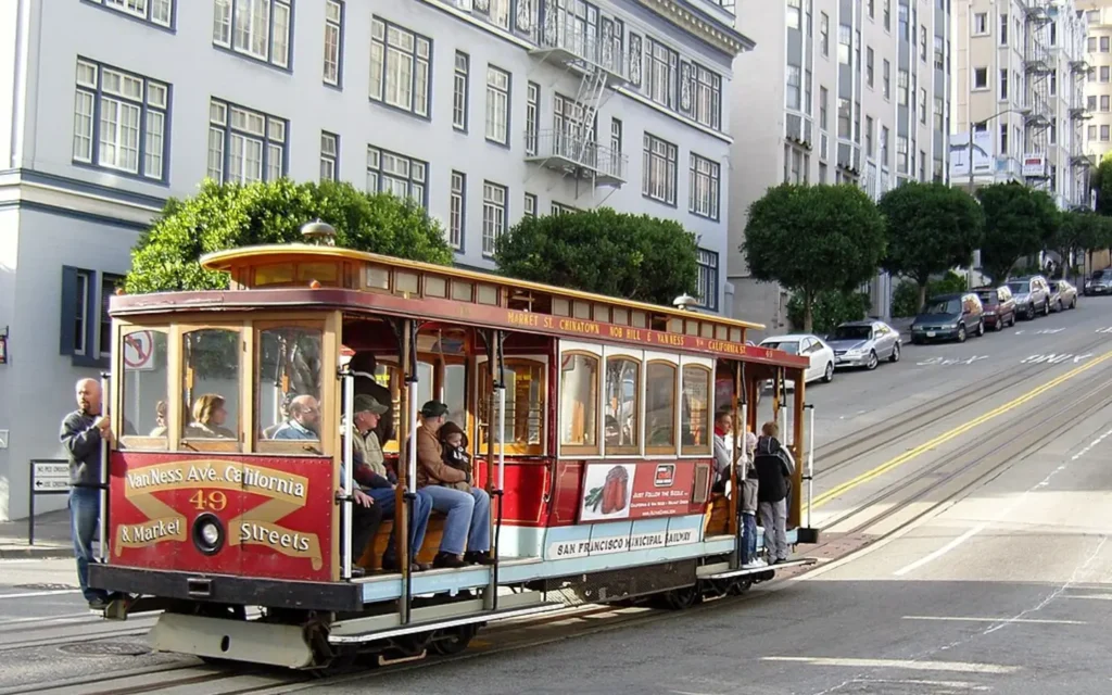Cable car on California Street at Stockton Street, San Francisco, California.